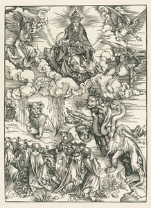 O monstro marinho e a besta com os chifres do cordeiro. O Apocalipse de São João, c.1496-97 (xilogravura) de Albrecht Dürer or Duerer