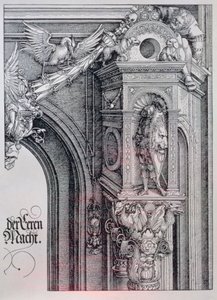 O Arco Triunfal do Imperador Maximiliano I (1459-1519): detalhe do arco central (a Porta de Honra e Poder) mostrando uma capital de coluna foliar e animada suportando um cavaleiro de pé em um nicho arquitetônico, uma figura segurando um lado de um cartucho de Albrecht Dürer