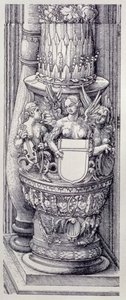 O Arco Triunfal do Imperador Maximiliano I da Alemanha (1459-1519): detalhe das Portas de Honra e Poder centrais, base da coluna esquerda embelezada com faixas de folhagem e grifos femininos alados, datada de 1515, pub. 1517/18 (xilogravura) de Albrecht Dürer