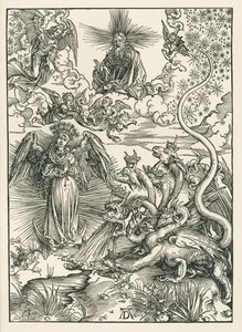 A Mulher vestida de Sol e o Dragão de sete cabeças. O Apocalipse de São João, c.1497 (xilogravura) de Albrecht Dürer or Duerer