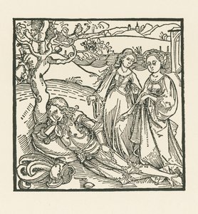 O cavaleiro em meditação é acompanhado pelas suas duas filhas de Albrecht Dürer or Duerer