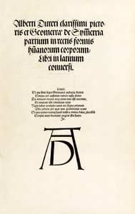 Página de rosto com o monograma de Durer de "Hierinn sind begriffen vier bücher von menschlicher Proportion". de Albrecht Dürer