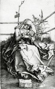 Virgem e Criança sentadas em um banco de grama de Albrecht Dürer
