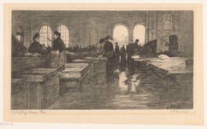 Interior do Vismarkt no Nieuwmarkt em Amsterdã Leilão de peixes de Amsterdã (título original no objeto) de Albrecht Felix Reicher (signed by artist)