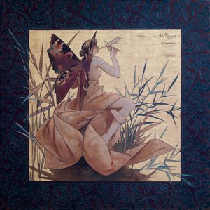 Composição com uma ninfa alada entre as canas - Pintura de Alexandre de Riquer i Ynglada (1856-1920)