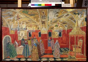 O Kremlin. Desenho preparatório para a ópera Boris Godunov de Modeste Mussorgsky (1839-1881) (No Kremlin. Desenho de conjunto para a ópera Boris Godunov de M.Mussorgsky). Obra de Alexander Yakovlevich Golovin (Alexander Golovin) (1863-1930), aguarela e de Aleksandr Jakovlevic Golovin