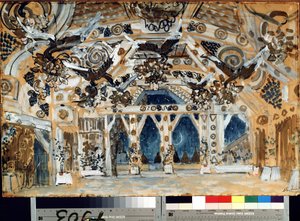 Decor pour la peça de teatro La Dame de la mer de Henrik (Henri) Johan Ibsen (1828-1906) (desenho do palco da peça de teatro A Dama do Mar de H. Ibsen). Oeuvre de Alexander Yakovlevich Golovin (Alexandre Golovine) (1863-1930), pastel sur carton de Aleksandr Jakovlevic Golovin