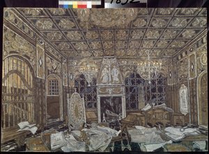 Decor preparatoire pour la piece ""Otelo"" de William Shakespeare (1564-1616) (cenário para a peça Otelo de William Shakespeare) - Peinture de Alexander Yakovlevich Golovin (Alexandre Golovine) (1863-1930), tempera sur bois de Aleksandr Jakovlevic Golovin