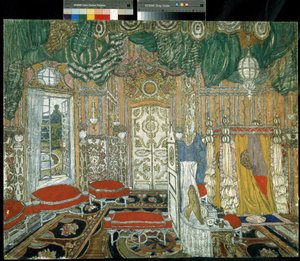 Decoração preparatória para a peça de teatro As Bodas de Fígaro de Pierre Augustin Caron de Beaumarchais (1732-1799) (Cenografia para a peça de teatro As Bodas de Fígaro de P. de Beaumarchais). Pintura de Alexander Yakovlevich Golovin (Alexander Gol de Aleksandr Jakovlevic Golovin