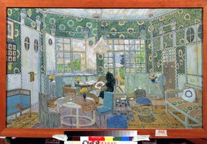 Decor preparatoire pour la peça de teatro le petit Eyolf de Henrik (Henri) Johan Ibsen (1828-1906) (Desenho de palco para a peça de teatro Little Eyolf de H.Ibsen). Oeuvre de Alexander Yakovlevich Golovin (Alexandre Golovine) (1863-1930), aquarelle sur car de Aleksandr Jakovlevic Golovin