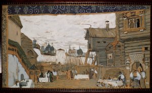 Desenho de palco para a Ópera The Pskov Maiden de N.Rimsky Korsakov (Rimsky-Korsakov) (1844-1908). Vista de uma praça animada de uma cidade de Aleksandr Jakovlevic Golovin