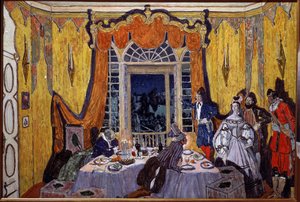 Desenho de palco para a ópera O Convidado da Pedra, de A. Dargomyzhsky (1813-1869). Pintura de Alexander Yakovlevich Golovin (Alexander Golovine) (1863-1930), óleo sobre madeira de Aleksandr Jakovlevic Golovin