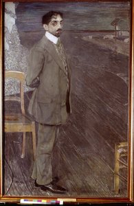 Retrato do poeta Mikhail Kuzmin (1875-1936) (Retrato do poeta M. Kuzmin). Obra de Alexander Yakovlevich Golovin (1863-1930), têmpera e pastel sobre tela de Aleksandr Jakovlevic Golovin