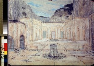 Cenografia da tragédia Antígona após Sófocles (496 aC-406 aC) (Cenografia da tragédia Antígona após Sófocles). Uma praça pública rodeada por edifícios antigos, inserida numa paisagem de montanha. trabalho de Alexandre