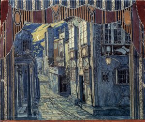 Projecto de palco para a ópera O Barbeiro de Sevilha de Gioachino (Gioacchino) Rossini (1792-1868). Paisagem urbana iluminada por uma lua crescente, fachadas espanholas e ruas pavimentadas. Trabalho por de Aleksandr Jakovlevic Golovin
