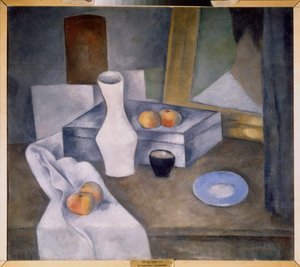 Natureza morta com maçãs e pires azuis - obra de Alexander Vasilyevich Shevchenko (1883-1948), óleo sobre cartão, cerca de 1910 - arte russa, século XX, avant garde - Museu Estatal Russo, S