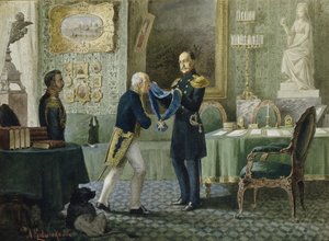 O Imperador Nicolau I concede a faixa azul da Ordem de Santo André ao conde Michail Speransky, 1880
