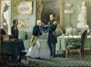 O Imperador Nicolau I da Rússia (1796-1855) apresenta a Fita Azul da Ordem de Santo André ao Conde Mikhail Speranski (1772-1839). (O imperador Nicolau I concede a fita azul da ordem de Santo André ao conde Michail Speransky). Obra de Alexei Danilovich