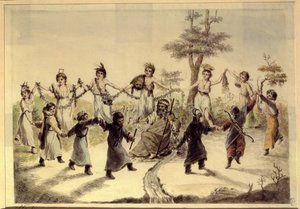 Alegoria dos Doze Meses do Ano. Doze personagens (crianças, mulheres, homens), cada uma delas cantada por um acessório simbólico ou um detalhe da sua fantasia, fazem uma ronda em torno de um homem velho coroado, juntamente com um