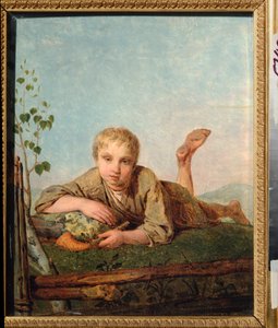 Menino pastor com um cachimbo - Pintura de Alexei Gavrilovich Venetsianov (1780-1847), óleo sobre tela, cerca de 1820, arte russa de Aleksei Gavrilovich Venetsianov