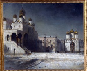 Praça da Catedral no Kremlin de Moscou à noite. (A Praça da Catedral no Kremlin de Moscou à noite). Pintura de Alexei Kondratyevich Savrasov (Savrasov) (1830-1897), óleo sobre tela de Alexei Kondratjewitsch Sawrassow