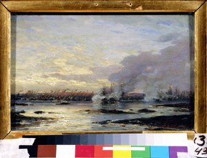 Grande Guerra do Norte (1700-1721): "A Batalha de Gangut, que viu a vitória da frota russa (incluindo o navio de guerra de Gangut) sobre a frota sueca em 07/08/1714" Pintura de Alexei Petrovich Bogolyubov (Bogoliubov ou Bogolioubov) (1824-1896) 1876 Estado de Aleksei Petrovich Bogolyubov