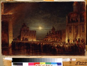 Matinas da Páscoa. Reunião matinal da multidão de fiéis, com velas acesas, à volta dos sacerdotes e bispos, para celebrar a festa litúrgica, numa praça emoldurada pelas igrejas. Pintura por Alexei Petrovich Bog