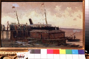 "Vista de um transatlântico atracado num porto" Pintura de Alexei Petrovich Bogolyubov (Bogoliubov ou Bogolioubov) (1824-1896) 1874 State United Art Museum, Kostroma, Rússia de Aleksei Petrovich Bogolyubov