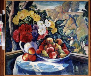 Natureza morta na varanda. (Natureza morta na varanda). Pintura de Alexei Ilyich Kravchenko (1889-1940), óleo sobre tela 1916. Arte russa, início do século XX. Museu de Arte Regional, Simbirsk (ou Ulianovsk) (Rússia).
