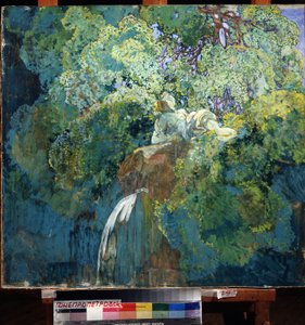 Em um lago (Em uma lagoa). Uma estátua, afogada em vegetação, supera uma cachoeira. Pintura de Alexei Ilyich Kravchenko (1889-1940), óleo sobre tela