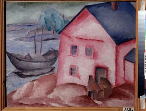 Uma Casa Cor-de-Rosa no Rio. Com um casal, um barco e um barco de amarração. Pintura de Alexei Ilyich Kravchenko (1889-1940), óleo sobre tela