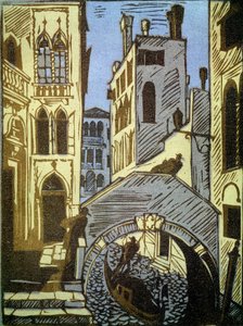 Veneza, Itália (Veneza). Canal, gôndola, ponte e fachadas da cidade. Obra de Alexei Ilyich Kravchenko (1889-1940), xilogravura. Arte russa, paisagem do século XIX e XX. Galeria Estadual Tretyakov, Moscovo (Rússia).