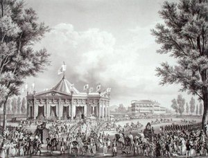Procissão passando pelo Pavilhão erguido por ocasião da Coroação de Fernando I (1793-1875) de Alessandro (after) Sanquirico