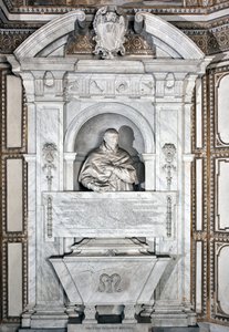 Monumento funerário em homenagem ao Cardeal Giovanni Garcia Mellini com retrato em busto Escultura em mármore de Alesssandro Algardi (1598-1654) 1630 ao redor da Basílica de Santa Maria del Popolo, Cappella Mellini