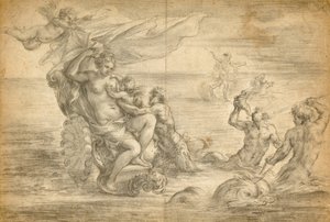 Vénus sentada na sua carruagem marítima a sugar o Cupido de Alessandro Algardi