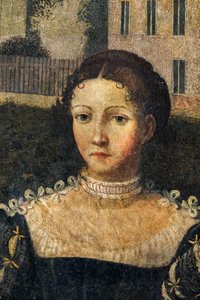 Retrato de uma nobre mulher, detalhe da Pequena Sala das Nobres Senhoras (óleo sobre tela colado nas paredes) de Alessandro Bonvicino Moretto