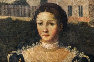 Retrato de uma nobre mulher, detalhe da Pequena Sala das Nobres Senhoras (óleo sobre tela colado nas paredes) de Alessandro Bonvicino Moretto
