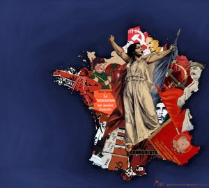 Uma mariana contra um pano de fundo de colagem comunista. Alegoria do comunismo em França. 2010 Desenho a cores de Alessandro Lonati. de Alessandro Lonati