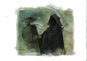 Um médico peste que usava uma máscara semelhante a um bico que estava cheia de artigos aromáticos em frente à morte segurando a sua falsa de Alessandro Lonati