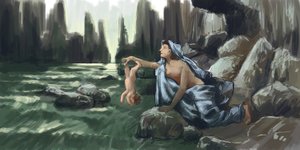 A mãe de Aquiles a mergulhar o seu filho no rio Styx para o tornar invulnerável Desenho Alessandro Lonati 2015 de Alessandro Lonati