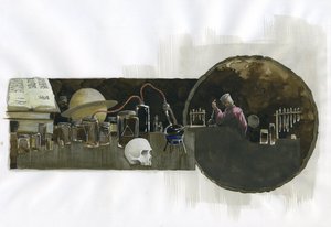 Alquimista no seu laboratório rodeado de frascos e alambiques Ilustração de Alessandro Lonati de Alessandro Lonati