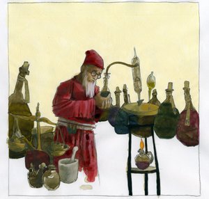 Alquimista no seu laboratório rodeado de frascos e alambiques Ilustração de Alessandro Lonati de Alessandro Lonati