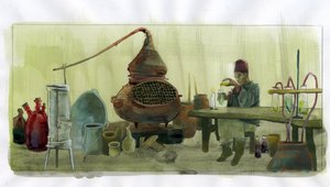 Alquimista no seu laboratório com frascos e ainda (alquimista no seu laboratório com frascos e ainda) Ilustração de Alessandro Lonati de Alessandro Lonati