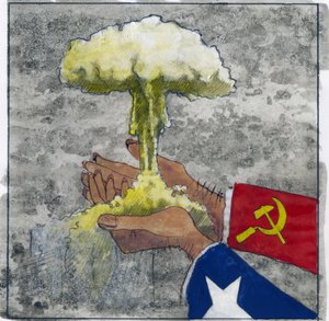 Representação alegórica da guerra fria como mãos americanas e soviéticas segurando a nuvem atómica Ilustração de Alessandro Lonati