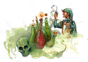 Um alquimista no seu laboratório rodeado de frascos e alambiques examinando o conteúdo de um frasco (alquimista no seu laboratório rodeado de frascos e alambiques) de Alessandro Lonati