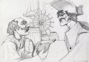 Pirata de Caraibes numa estalagem com uma garrafa. Desenho de Alessandro Lonati. de Alessandro Lonati
