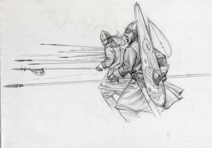 Encargo dos guerreiros normandos da infantaria na Batalha de Hastings em 1066. Desenho de Alessandro Lonati. de Alessandro Lonati