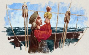 Cristóvão Colombo calculando a rota com um astrolábio (ilustração) de Alessandro Lonati