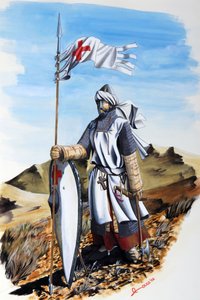 Cruzadas: um cavaleiro da Ordem dos Templários vestindo um casaco branco com a Cruz Vermelha. Ilustração de Alessandro Lonati de Alessandro Lonati