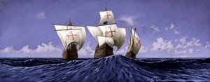 Descubra a América: a "Pinta", a "Nina" e a "Santa Maria", as caravelas de Cristóvão Colombo durante a expedição de 1492. Ilustração de Alesandro Lonati. 2010 de Alessandro Lonati